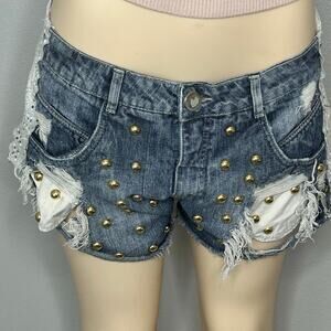 Lança Perfume Studded Distressed Denim Shorts Lace Panel Y2K BR 38